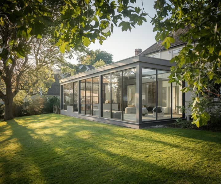 a modern home glass extension with a well maintained backyard and warm sunlight that illuminate the space.