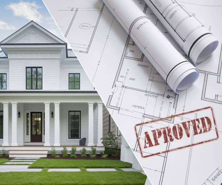 A modern house exterior beside architectural blueprints stamped "Approved," symbolising successful construction plans.