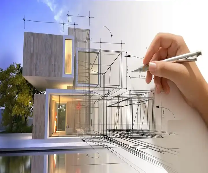 architectural plans sketch of a modern house, blending design with a realistic exterior view and calculation .