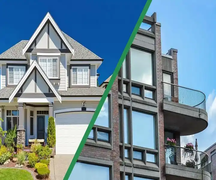 A split image showcasing a charming suburban house on the left and a modern, multi-story apartment building on the right.