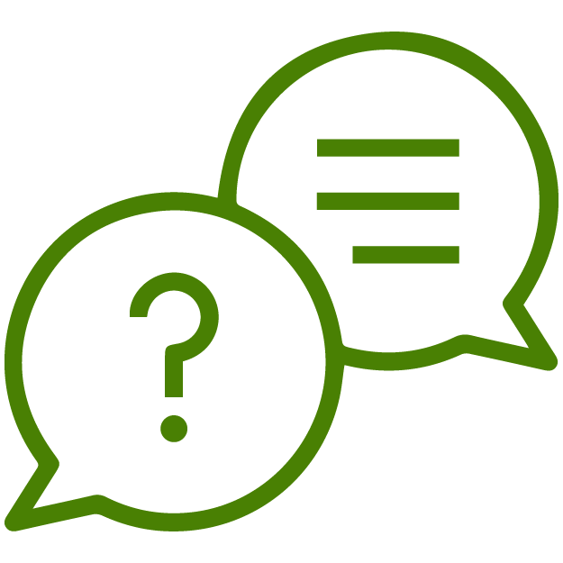 Two speech bubbles: one with a question mark and the other with horizontal lines, representing quotation and consultaion.