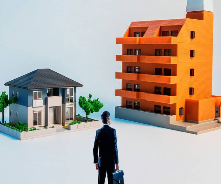 A developer stands between a model house and a model apartment building, contemplating his real estate options.