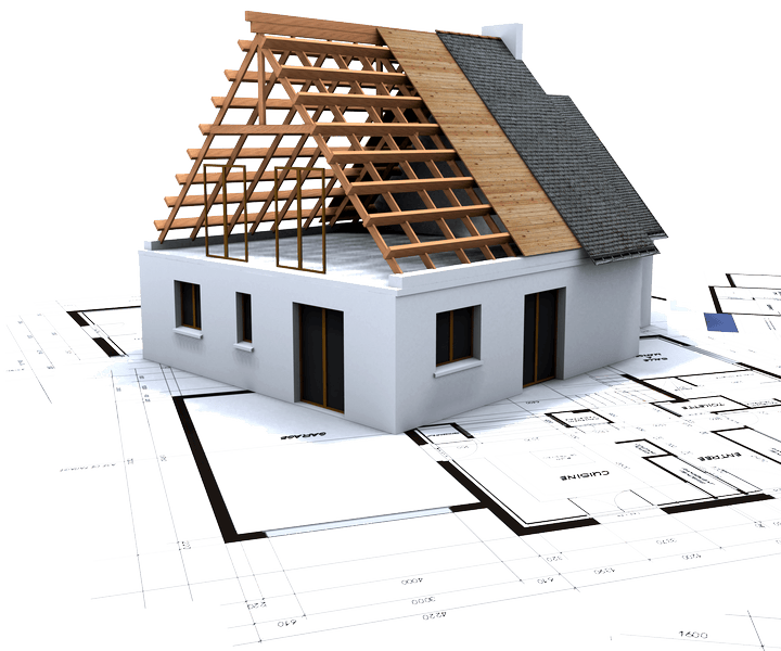 3D model of a new build house under construction with a wooden roof frame, set on architectural blueprints.