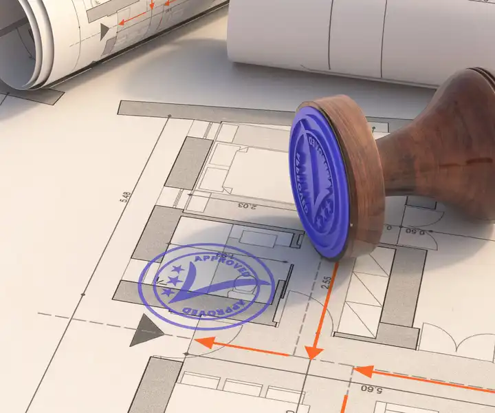 A wooden stamp with a blue seal marked "Approved" rests on architectural blueprints, highlighting a project’s validation.