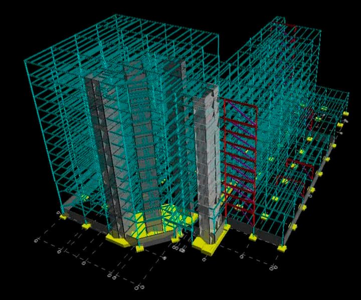 3D architectural model of a multi-story building, showcasing structural framework.