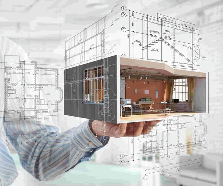 A person holding a 3D model of an interior space, overlaid with architectural blueprints and designs with structural calculations.