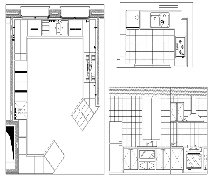 Blueprint-style kitchen layout presenting three distinct sections with appliances, sinks, and cabinetry details.