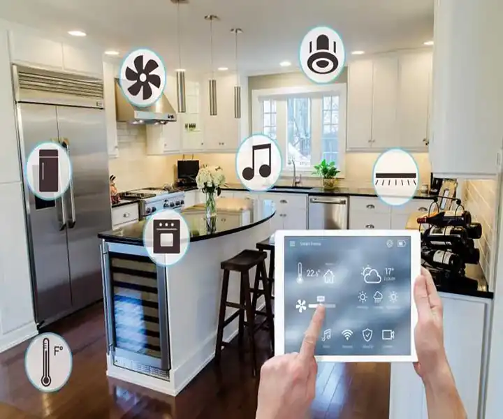 A modern kitchen with a touchscreen control panel, managing home settings and appliances overlaid with icons.