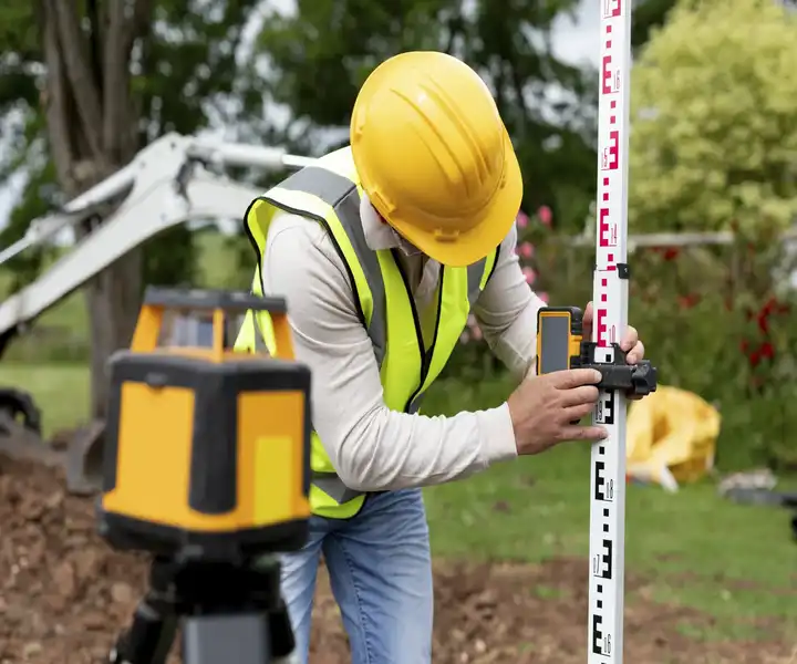 A surveyor adjusts a survey instrument on a measuring pole outdoors.