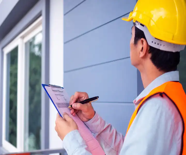 A surveyor reviews a checklist while inspecting a building exterior.