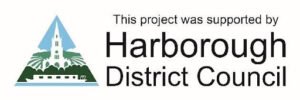 Harborough District Council logo, indicating support for a project, featuring a blue triangle with a stylised building and greenery.