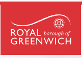 Royal Borough of Greenwich logo, designed with bold white text on a red background with a floral symbol.