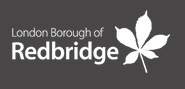 London Borough of Redbridge Council logon with white and grey text and a stylised leaf