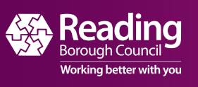 Reading Borough Council logo, the text "Reading Borough Council" and "Working better with you" designed on a purple background.
