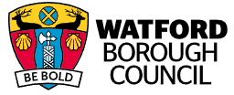 Watford Borough Council logo presenting a shield with deer, seashells, and the motto "Be Bold."