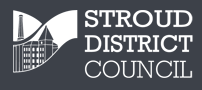 Stroud District Council logo featuring a building and flag design on a dark background.