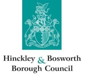 Hinckley & Bosworth Borough Council logo styled with a crest with mythical horses and a central shield, set against a teal background.