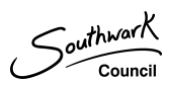 Southwark Council logo, featuring stylised script for "Southwark" above "Council" in a prominent, modern font.