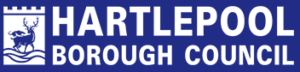 Hartlepool Borough Council logo designed with a deer symbol and castle-like tower, with the council's name in bold white text on a blue background.