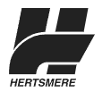 Black and white logo of Hertsmere with stylised letters 'H' and 'E' with the text "HERTSMERE" prominently displayed below.