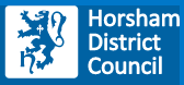 Horsham District Council logo designed with a blue background and a stylised lion symbol alongside the text "Horsham District Council."