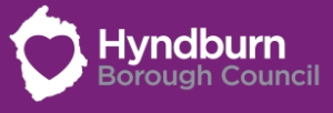 Hyndburn Borough Council logo designed with a heart-shaped map outline of Hyndburn on a purple background.