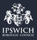 Ipswich Borough Council logo, presenting a coat of arms with seahorses, a shield, and various symbols, designed with a dark background.