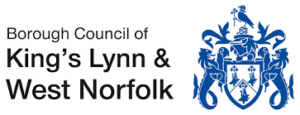 Borough Council of King's Lynn & West Norfolk logo, presenting a blue coat of arms with lions and birds.
