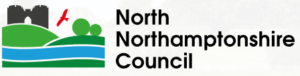 North Northamptonshire Council logo faturing with green landscapes that presents the water, land and trees. there is a castle silhouette in the background.