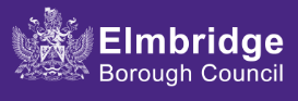 Elmbridge Borough Council logo designed with a purple background with a coat of arms and the council's name in white text.