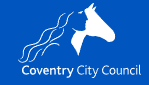 Coventry City Council logo, presenting a stylised horse's head silhouette and flowing mane on a blue background.