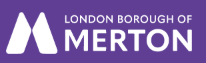 London Borough of Merton logo presenting a stylised "M" in white on a purple background, with the text "London Borough of Merton."