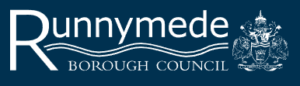 Runnymede Borough Council logo with dark blue background and a decorated coat of arms.