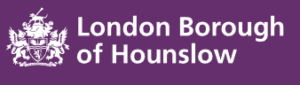 London Borough of Hounslow logo, design with a coat of arms and the text "London Borough of Hounslow" on a purple background.