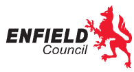 Enfield Council logo designed with the text "ENFIELD" in bold black letters and a red stylised lion symbol.