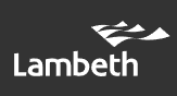 Lambeth logo with stylised waves in white on a dark background, with "Lambeth" prominently displayed in bold text.