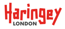 Haringey, London logo designed with bold red lettering for "Haringey" and "London" in black, on a white background.