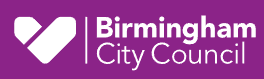 Birmingham City Council logo with a design of white heart symbol on a purple background with the text "Birmingham City Council" beside it.