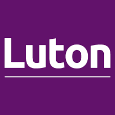 Luton logo with bold white text and purple background
