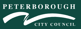 Peterborough City Council with bold white teaxt and a sylish wave graphic