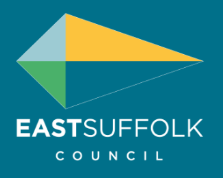Eastsuffolk Council Logo. a diamond shape with blue, yellow and green shades with the council name in bold text
