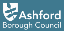 Logo of Ashford Borough Council with the design of a shield with a leaf and the text "Ashford Borough Council" in white on a teal background.