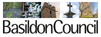 Basildon Council logo that ius designed with images of nature, historic buildings, and memorials, representing local heritage and community ok UK.