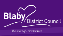 Blaby District Council logo, featuring a heart symbol, with purple background and the tagline "the heart of Leicestershire."