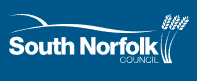 South Norfolk Council logo, designed with the text "South Norfolk COUNCIL" with stylised wheat and a wave design on a blue background.