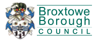 Logo of Broxtowe Borough Council, with a design of a shield with colorful crests and the official council name in green lettering.