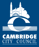 Cambridge City Council logo with the iconic skyline with towers against a blue background.