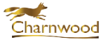 Charnwood logo in gradiant goldent and brown with stylish font and a leaping fox