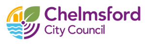 Chelmsford City Council logo presented with a green leaf and colorful symbols representing water, sun, and community.