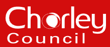Chorley Council logo presenting bold white text on a red background with a circular design element.